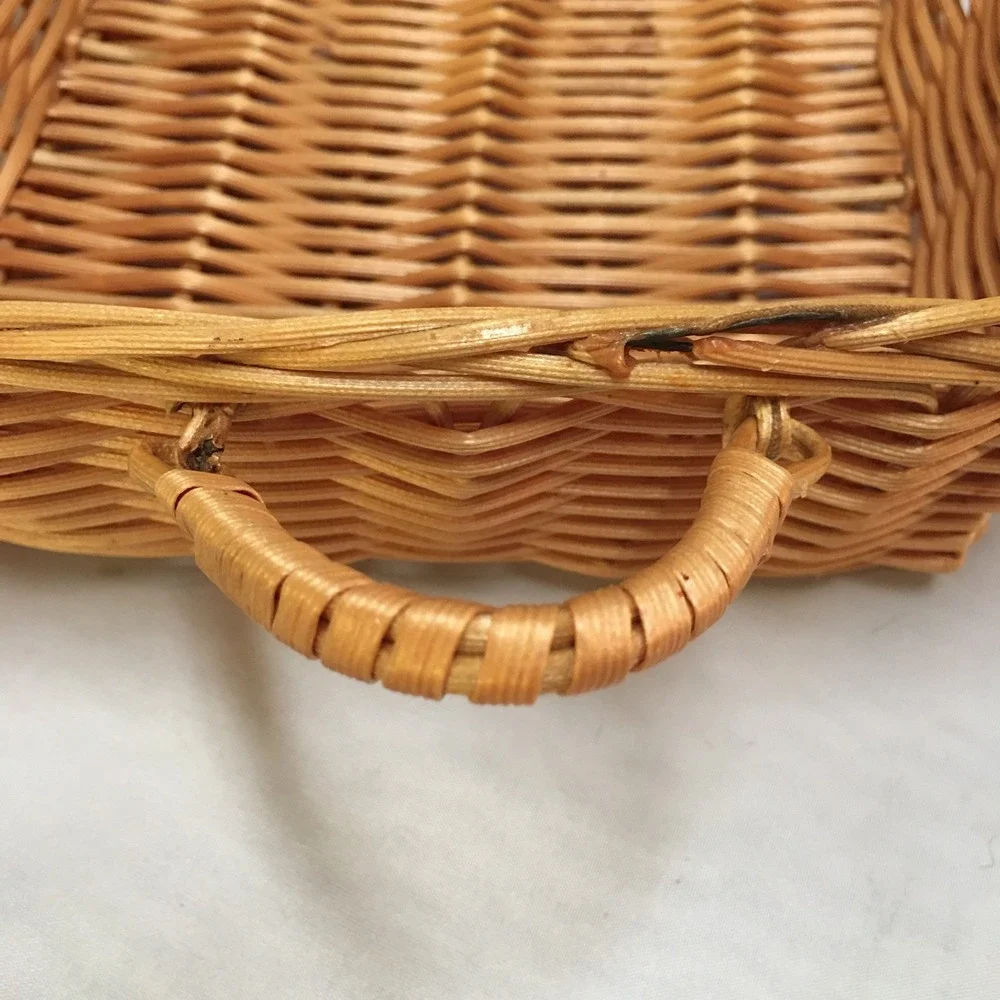 Wicker Serving Basket Medium Tan Rectangular Woven Tray Cottagecore Swing Handle